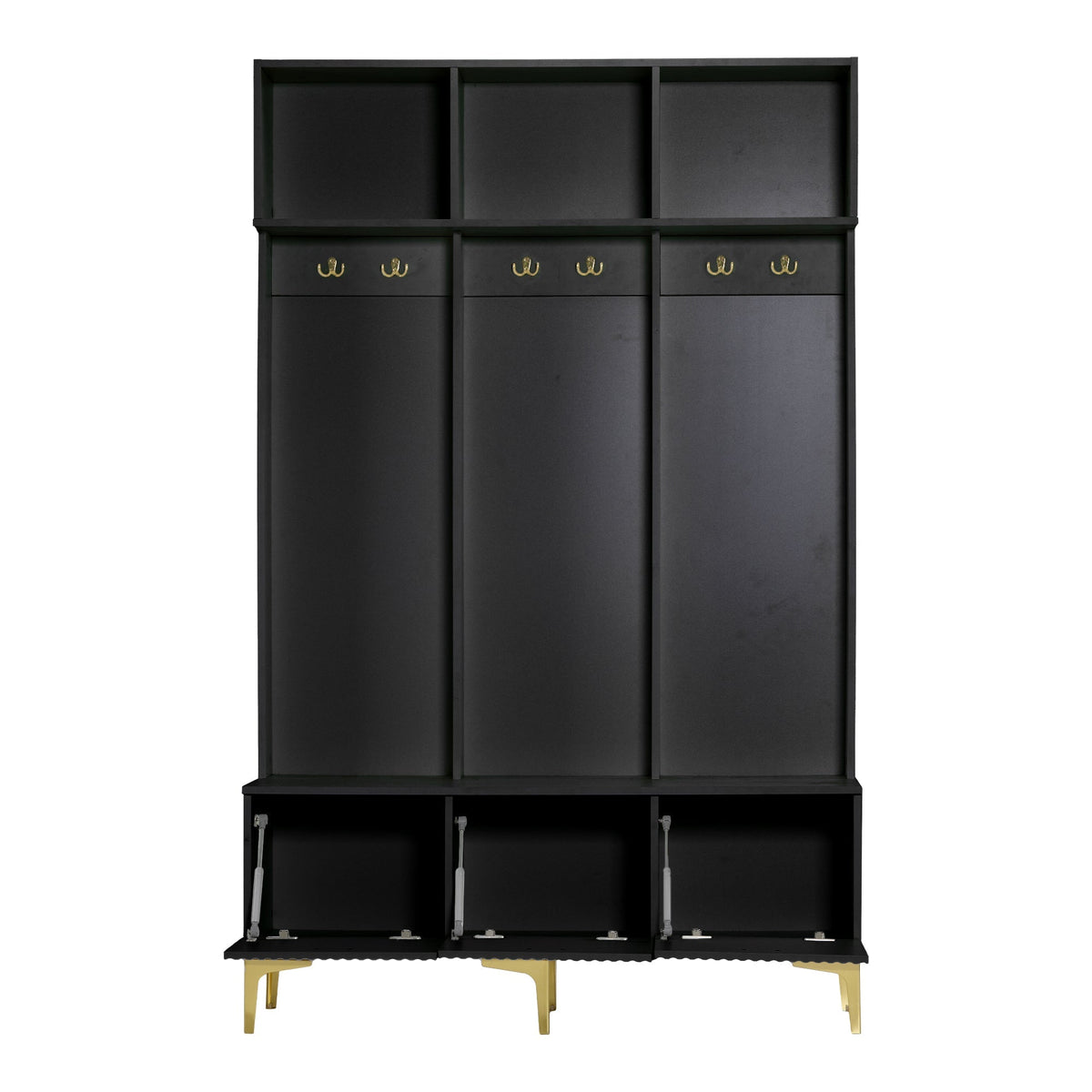 Wardrobe Set with Bench, Multifunctional Storage, Open Storage, 6 Golden Hooks, Black
