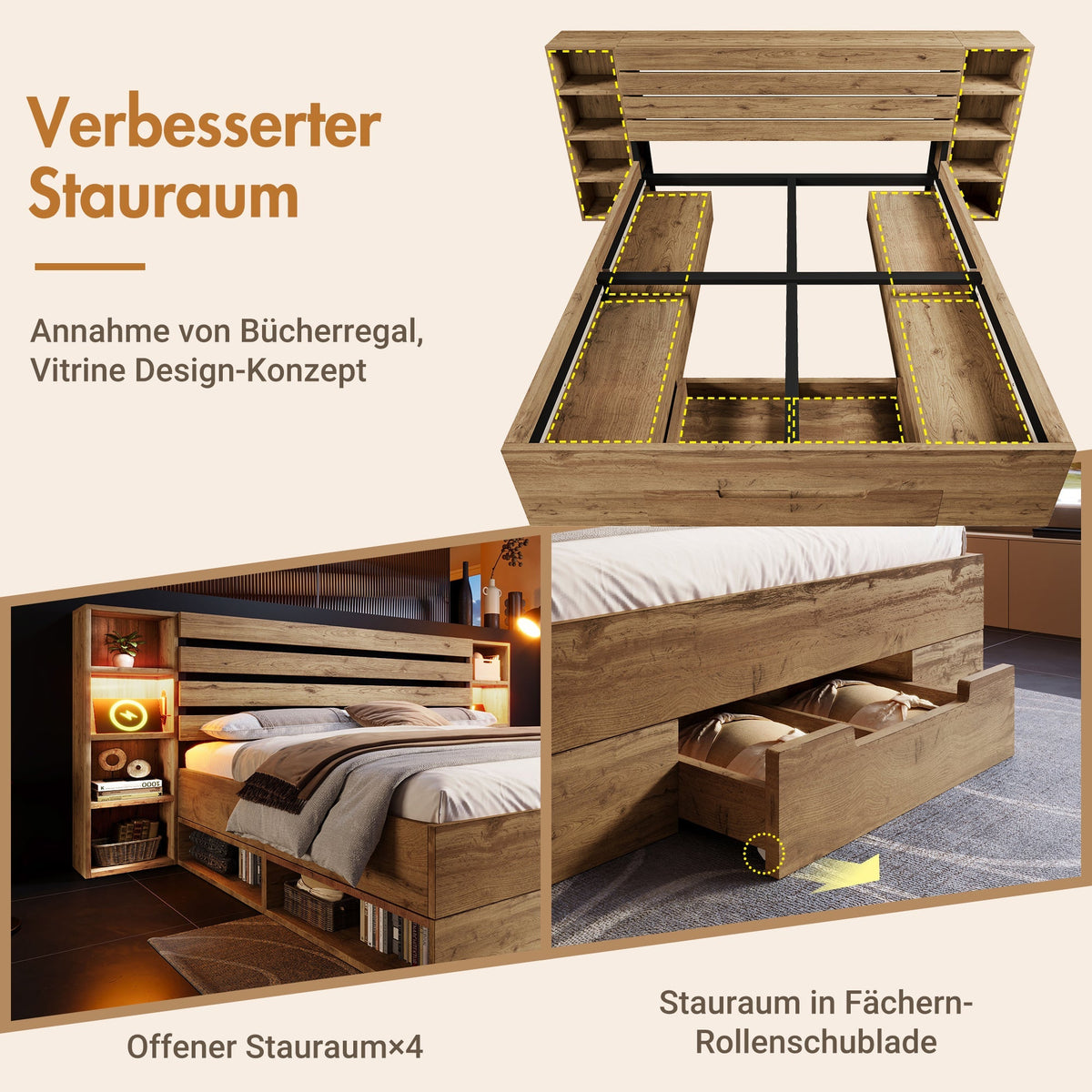 Double Bed 180x200cm Storage, LED, USB-C, Drawers, Wooden Slatted Base, Solid Wood Oak