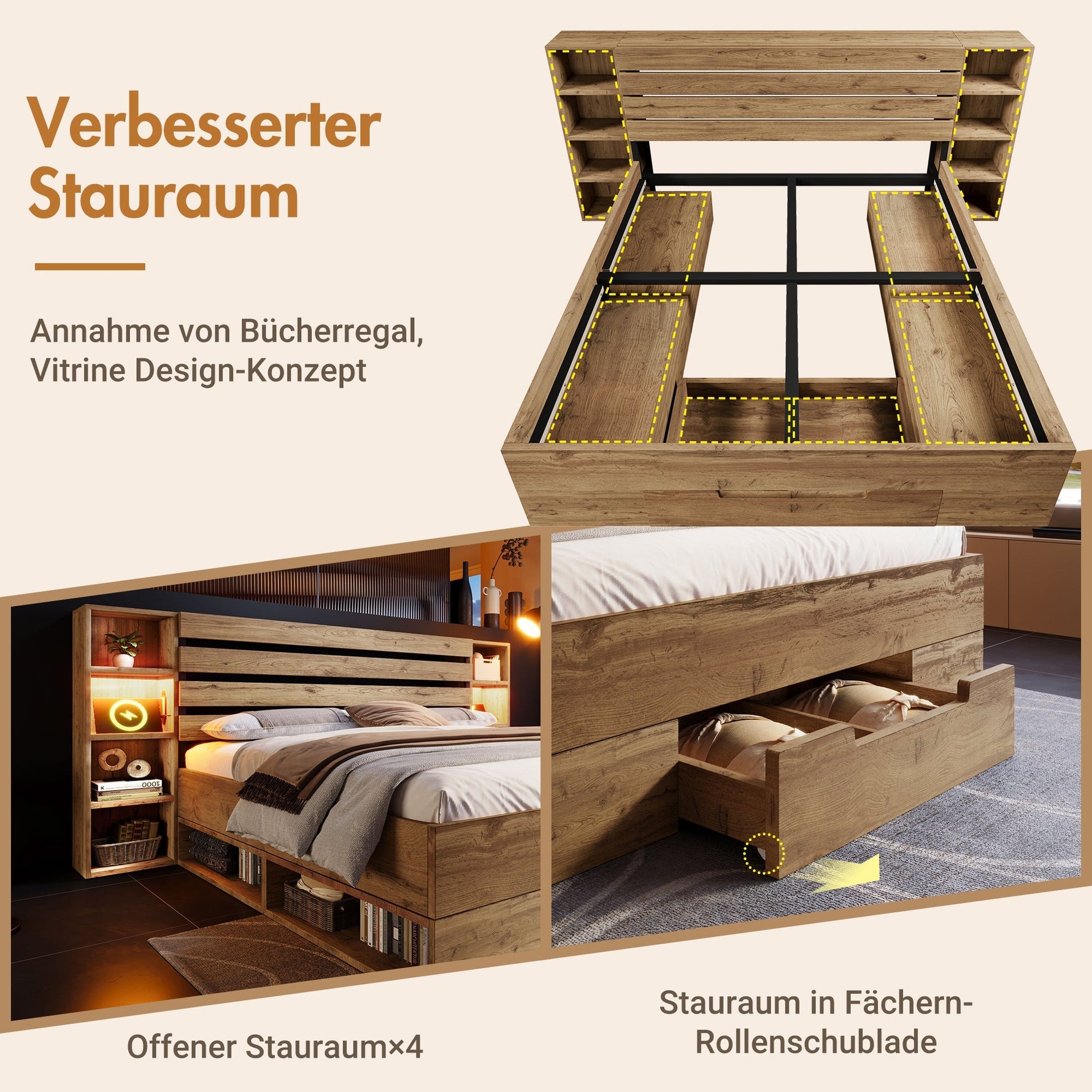 Double Bed 160x200 Storage LED/USB Headboard Drawers Solid Wood Oak