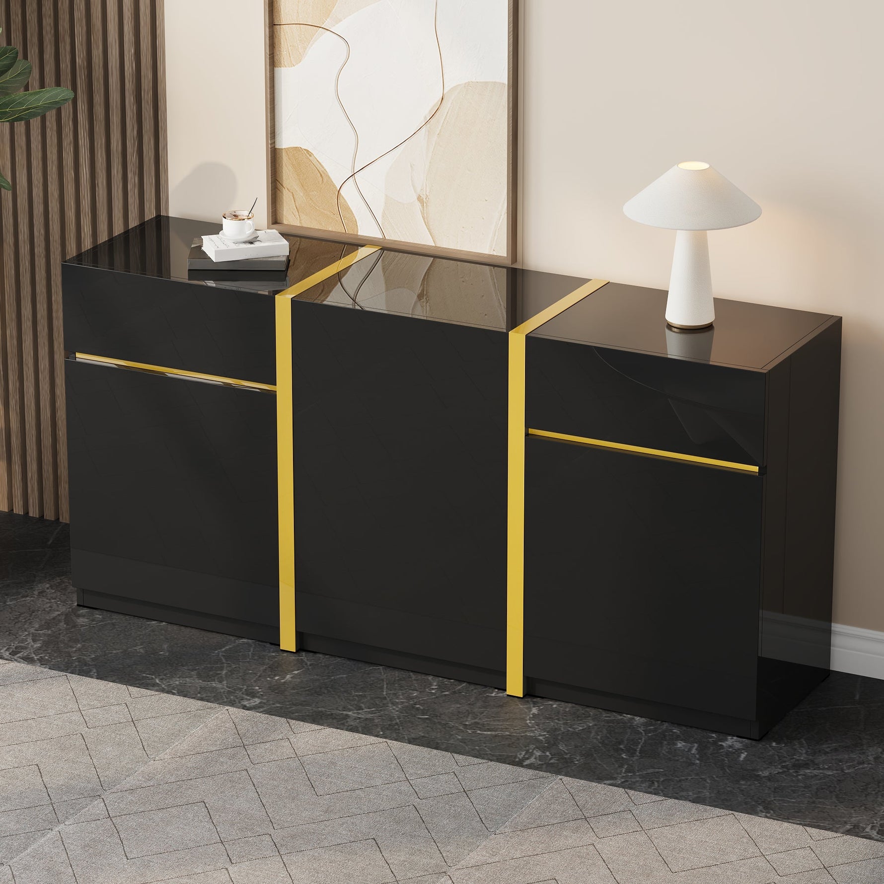 Luxurious Sideboard with 3 Doors and 2 Drawers, High-Gloss Lacquer Finish