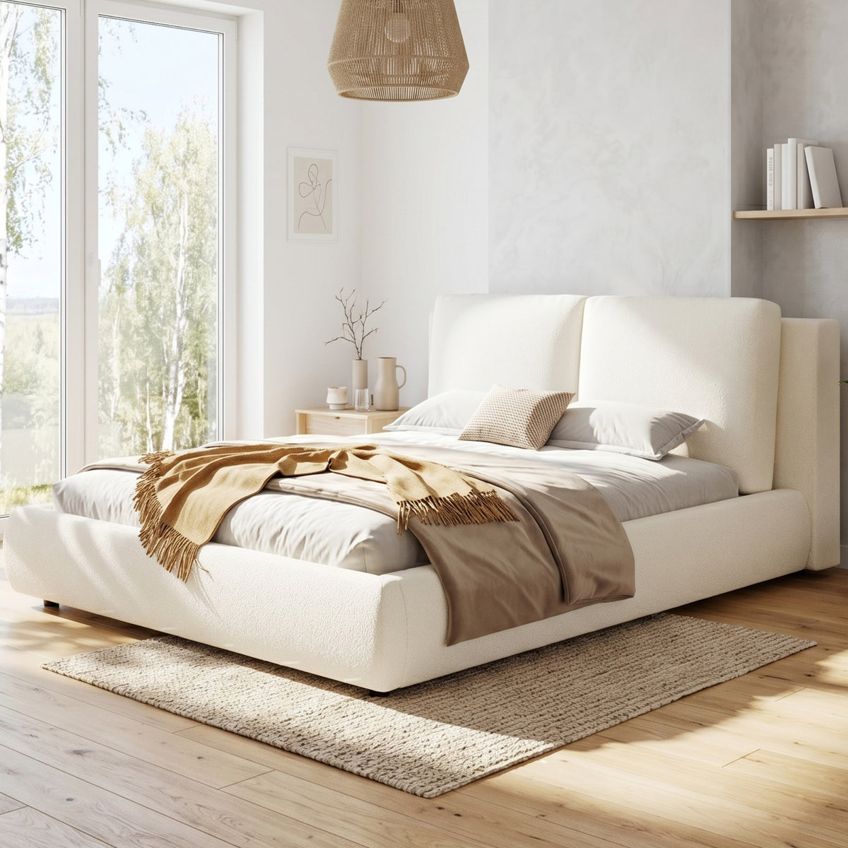 Upholstered Double Bed 180x200cm with Slatted Base, Beige Bouclé