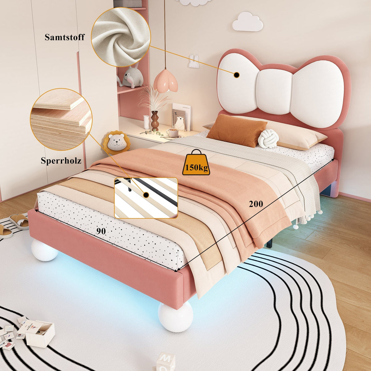 Upholstered Bed, Single Children's with Bow-Tie Headboard & LED Light, Velvet Beige + Pink