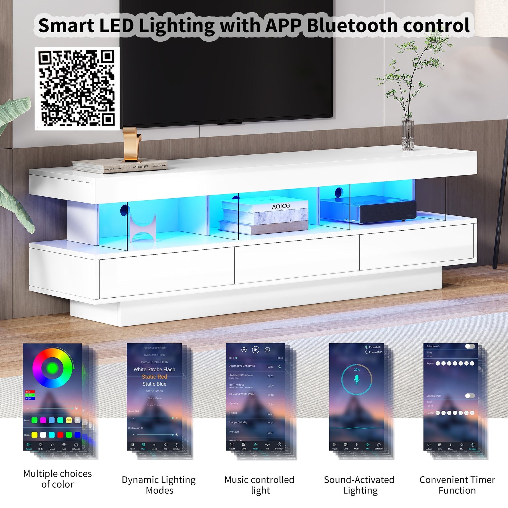 TV Cabinet, 160x38x50.5cm High-Gloss with Glass, LED, App Control, for 70-inch TVs, White