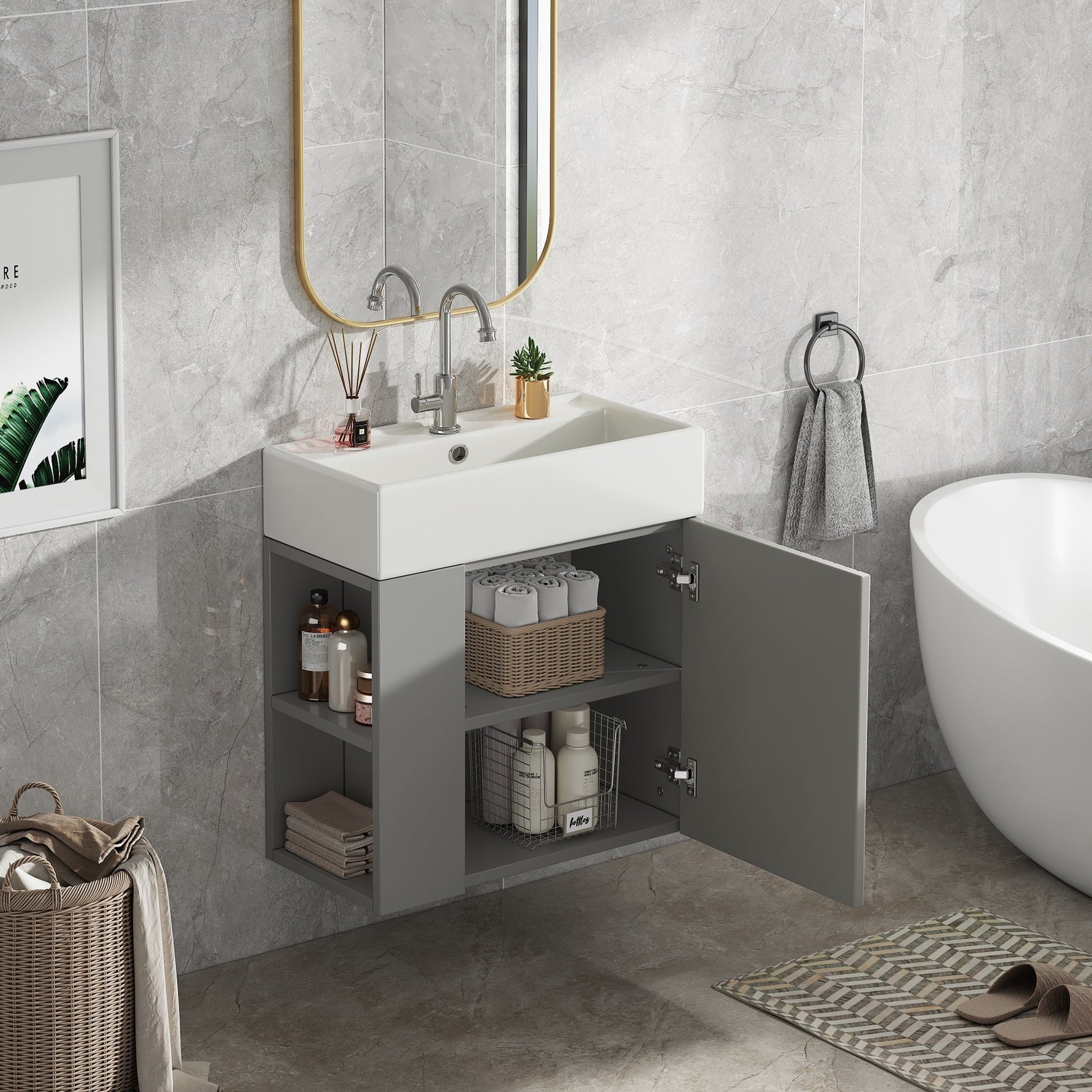 Bathroom Furniture Washbasin with Vanity Unit 55cm, Hanging, Light Grey