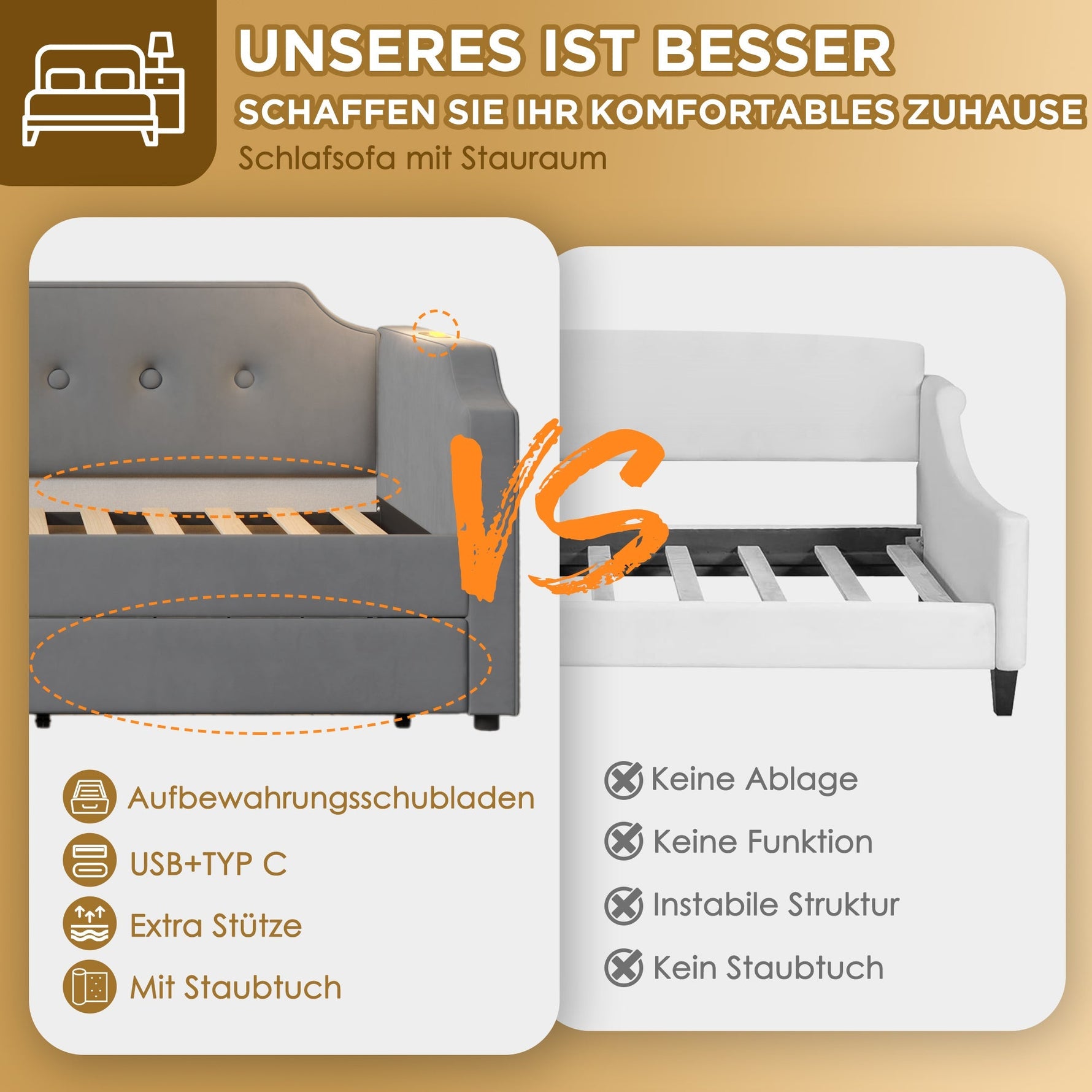 Sofa Bed 90x200 cm, USB-C Reading Light, 2 Storage Drawers, Velvet Gray