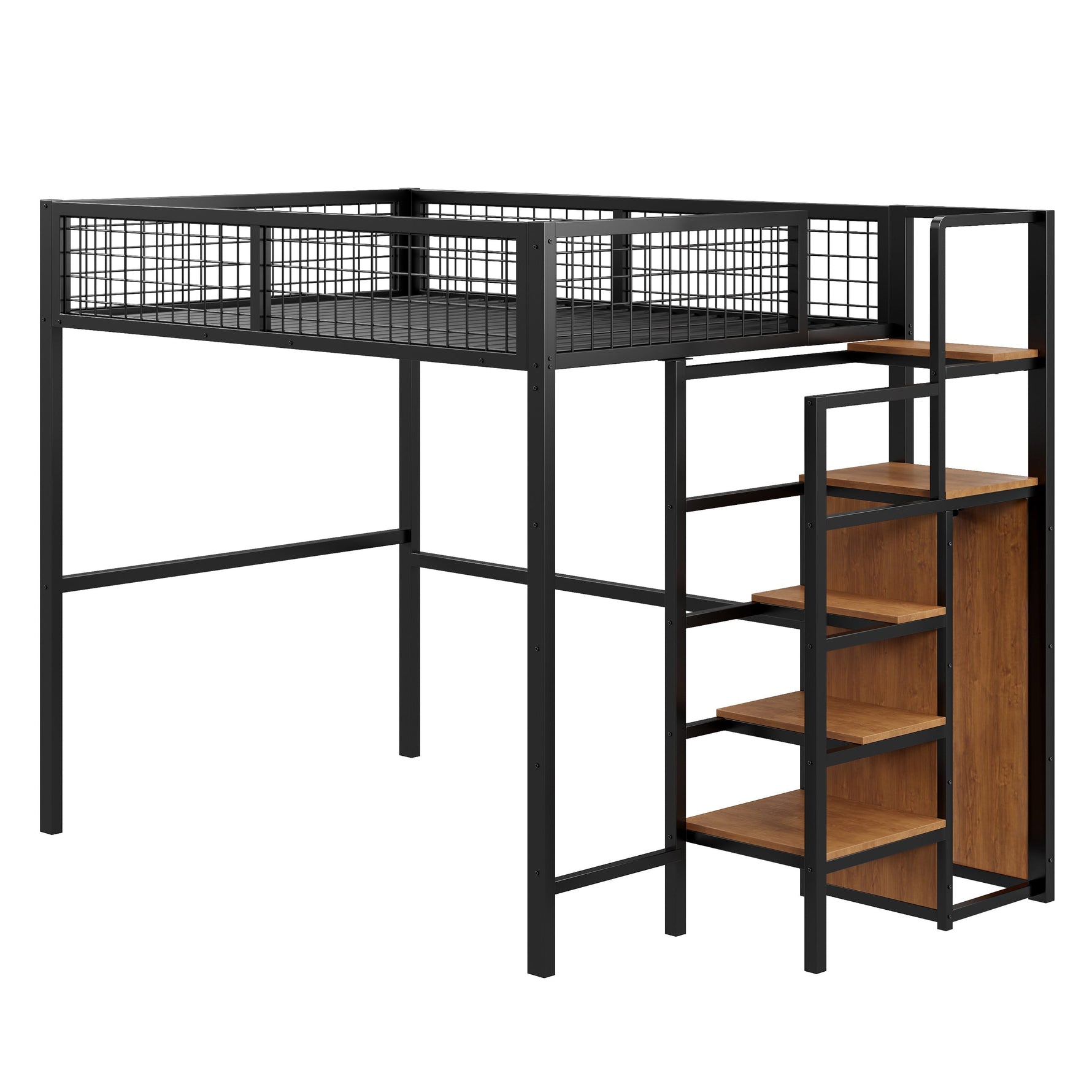 Loft Bed 140*200, Ladder & Storage, Iron Frame, Black