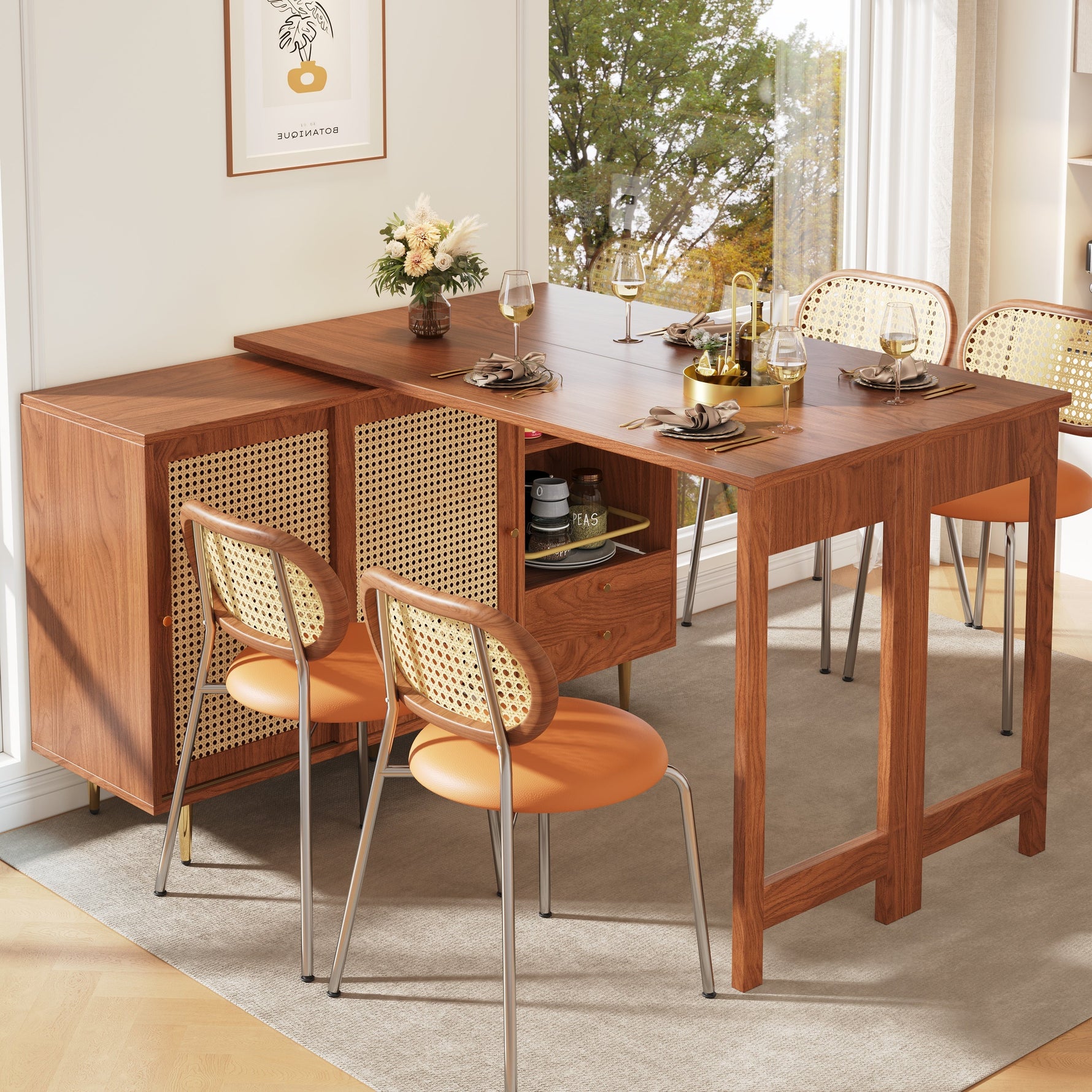 360° Rotating Bar Table Extendable Storage Rattan Door Brown