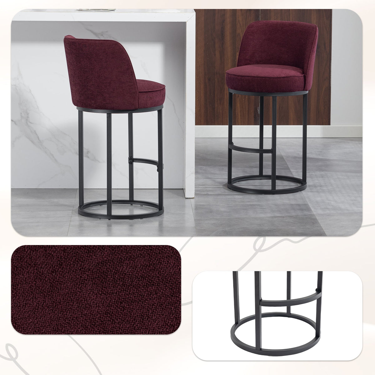 Bar Stools Duo Set with Ergonomic Backrest and Metal Legs, Linen Upholstery