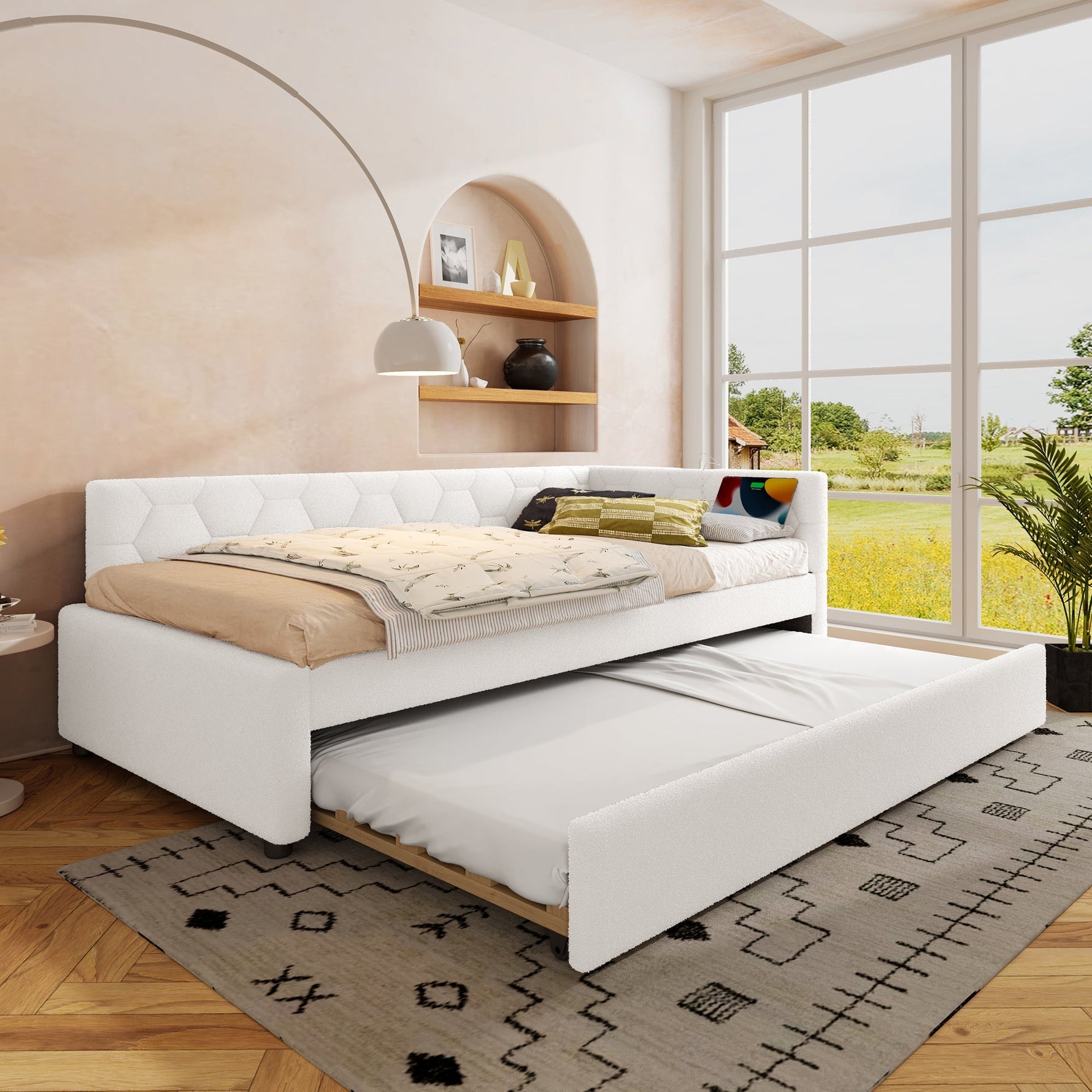 Daybed Sofa Bed 90x200cm Pull-Out Bed Lamp USB/Type-C - Fleece Imitation White