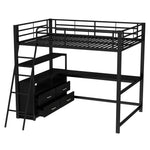 Loft Bed 140x200cm Iron Frame Drawers L-Shaped Desk - Black