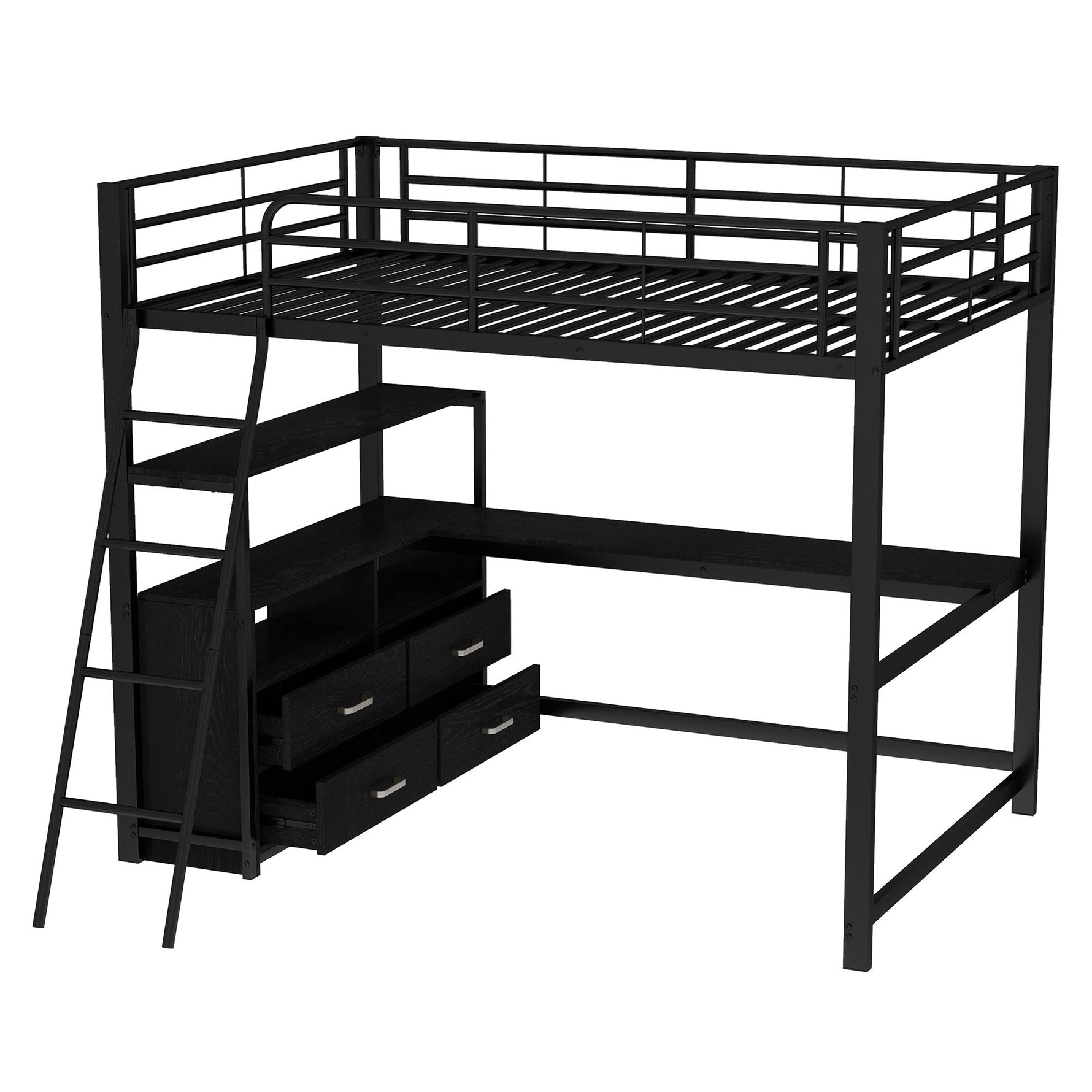 Loft Bed 140x200cm Iron Frame Drawers L-Shaped Desk - Black