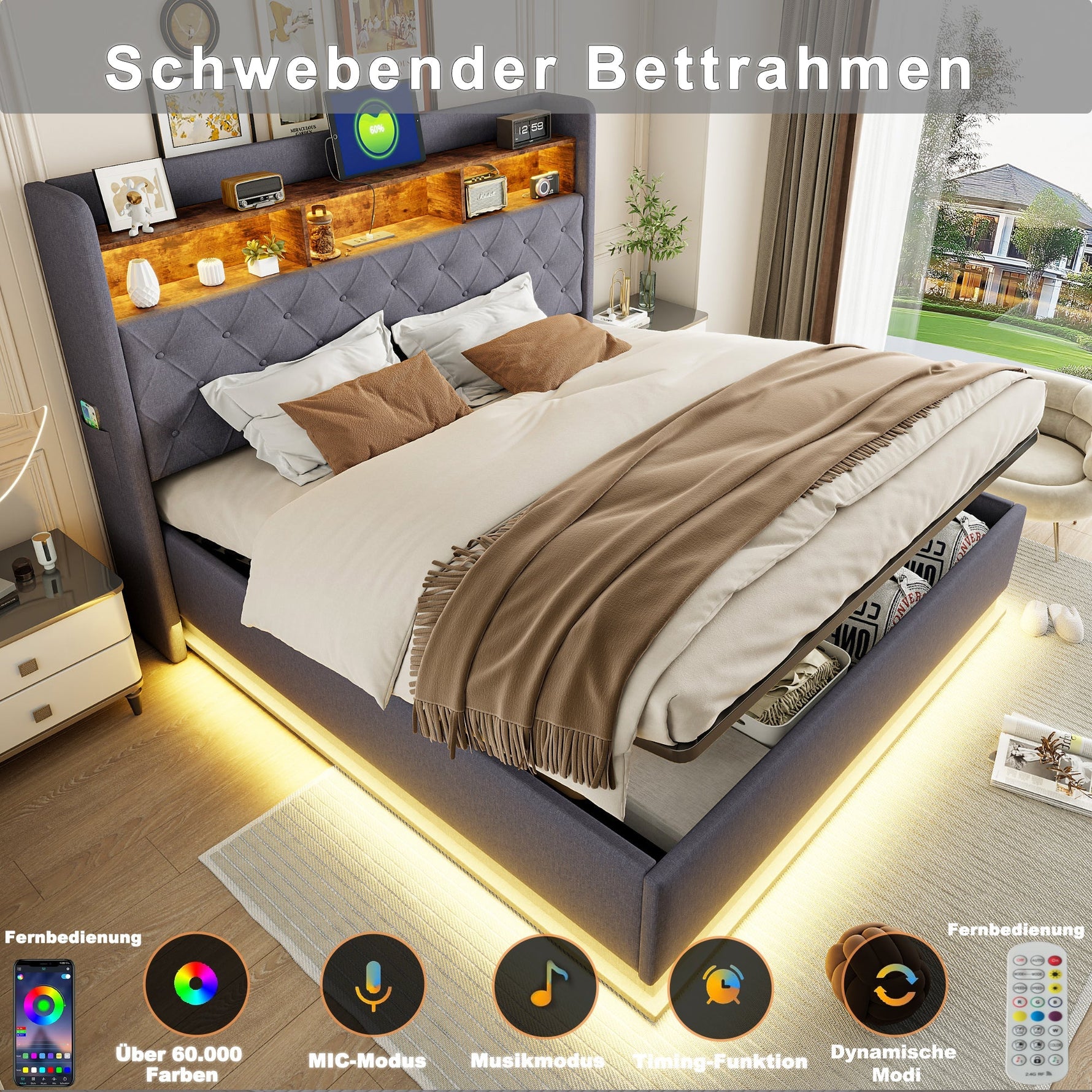 LED Upholstered Bed, 160x200cm, USB Charging, Hydraulic Storage, Linen Fabric, Grey