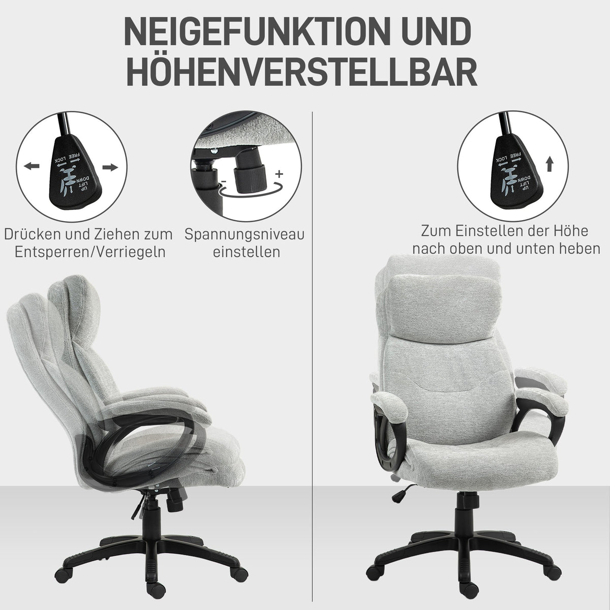 Office Chair, Rocking Function, Ergonomic, Height-Adjustable, Padded, Light Grey