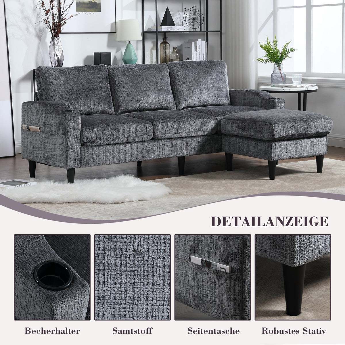 Sofa, 4-Seater with Footstool & Storage, Velvet