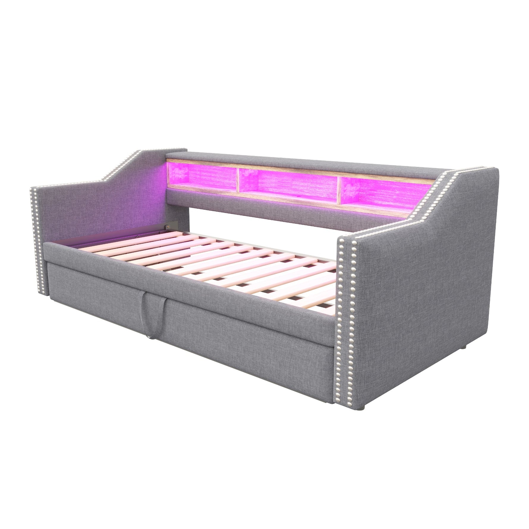 Upholstered Bed Pull-out Sofa Bed 90/180 x 190 cm with Storage, LED, USB, Slatted Frame, Light Grey