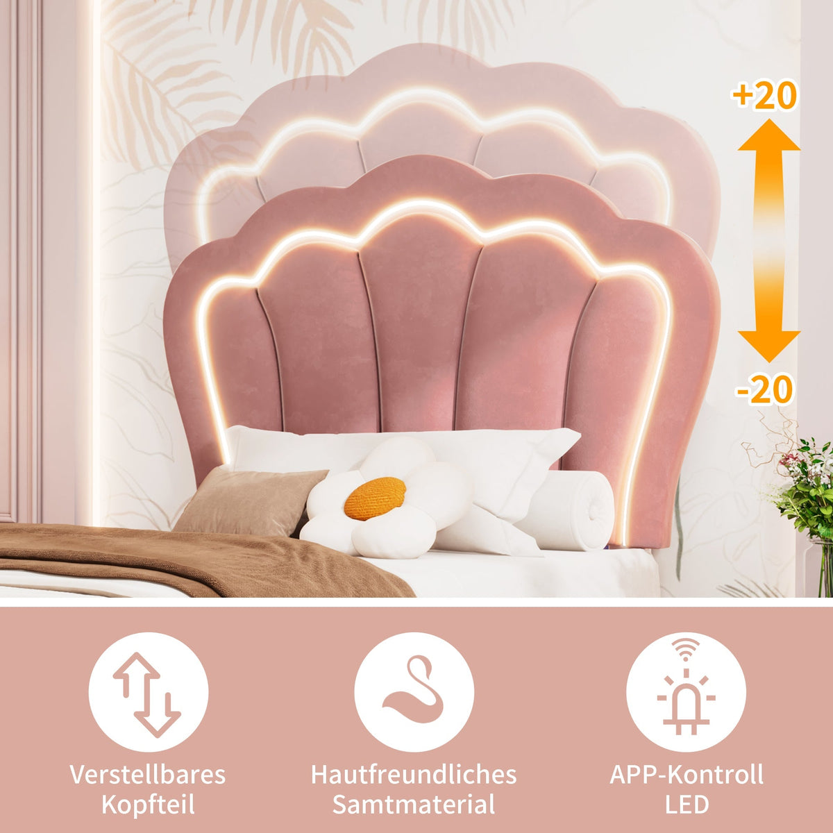 Children's Bed, LED Single with Drawers, APP-Control, Adjustable Headboard, Velvet Pink