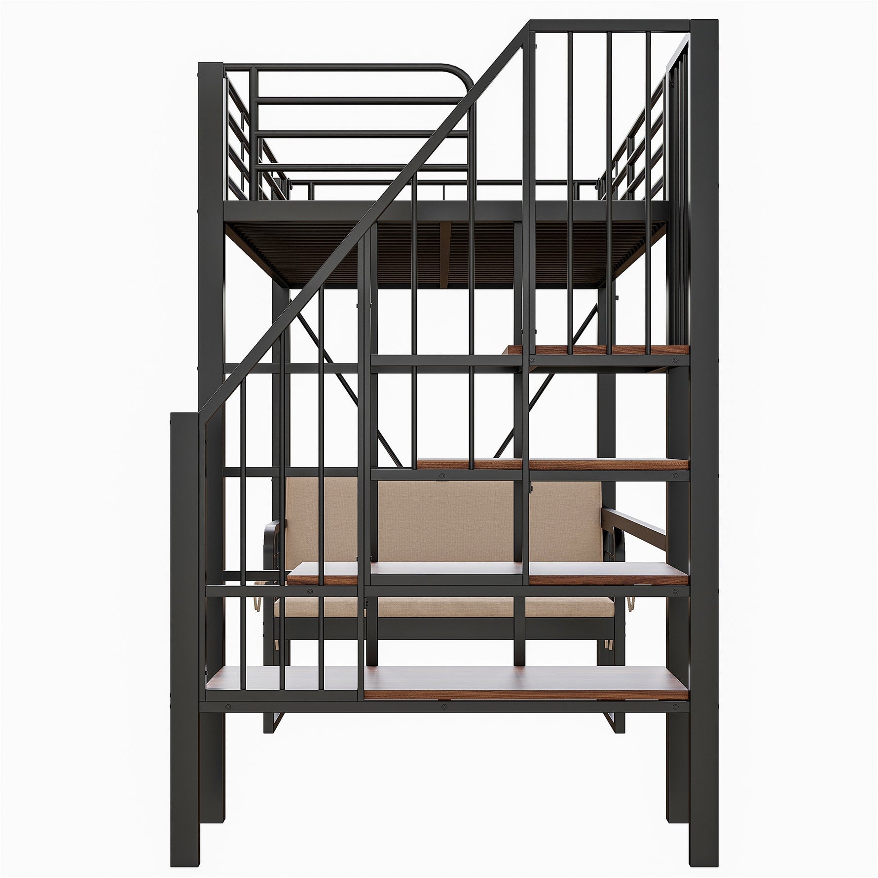 Bunk Bed with Removable Sofa, Storage and Safety Stairs, 90x200cm, Black Metal