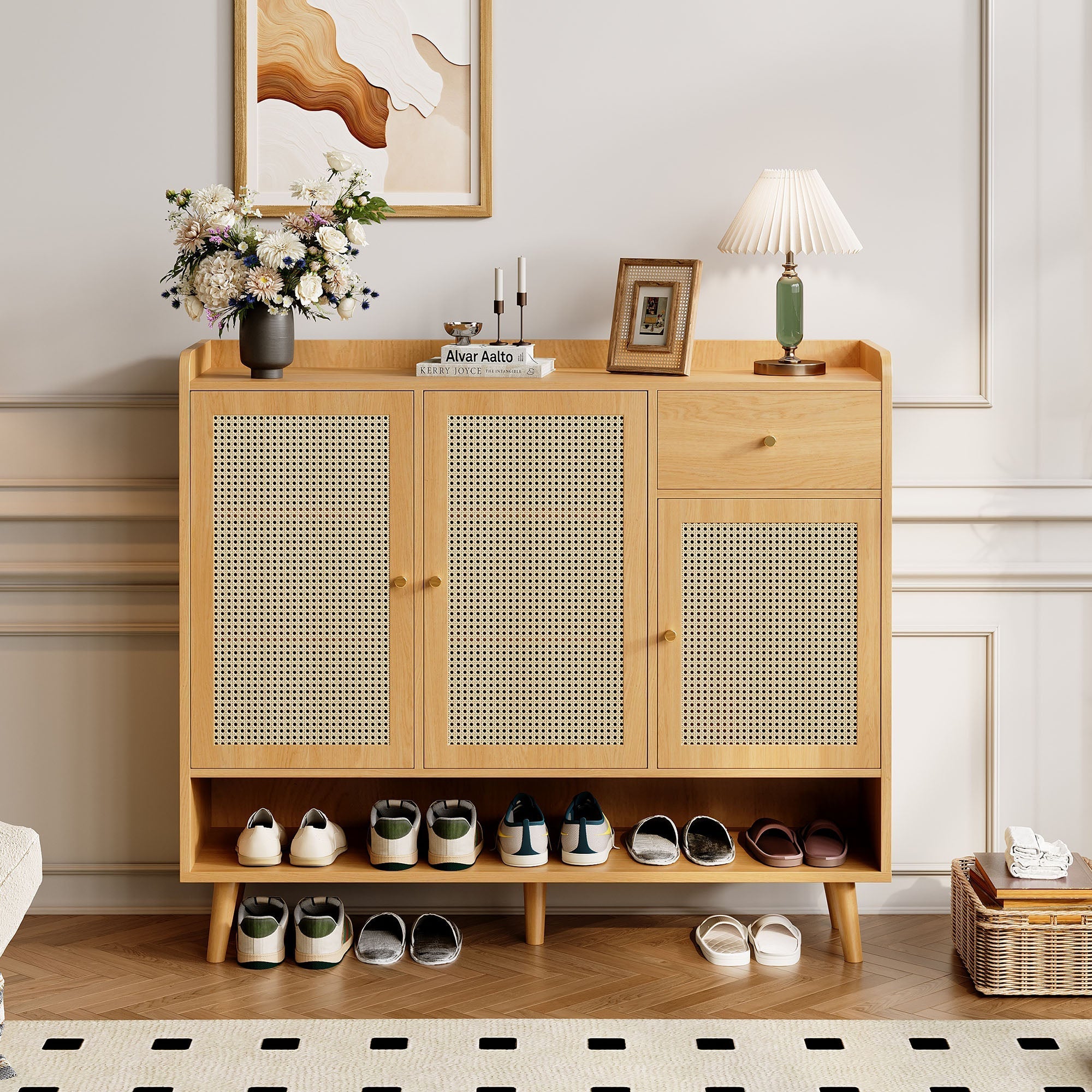 Natural rattan shoe cabinet, 3 doors, 1 drawer, 5 shelves