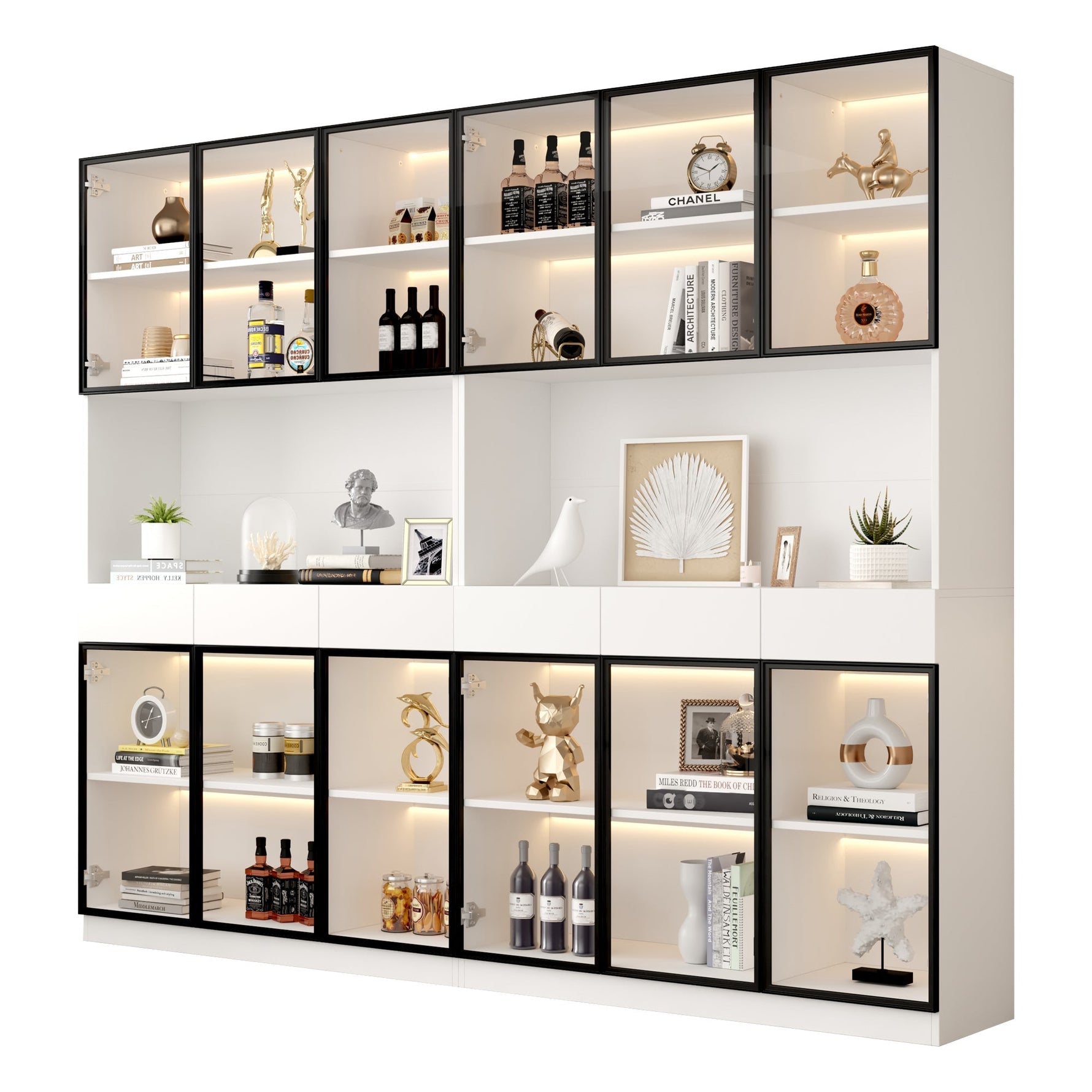 White Display Cabinet with LED Lights and Glass Doors, 200cm High, White and Black Frame