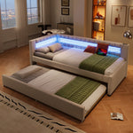 Daybed with LED Light Strip and Pull-out Bed, USB + Type-C, Beige Linen