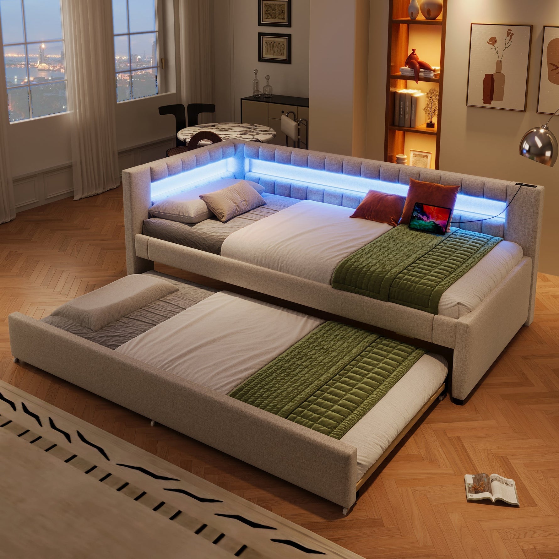 Daybed with LED Light Strip and Pull-out Bed, USB + Type-C, Beige Linen