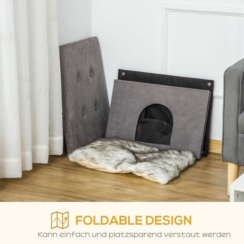 PawHut 2-in-1 Cat Cave Footstool with Cushion, Cat House, Cat Basket, Plush Grey