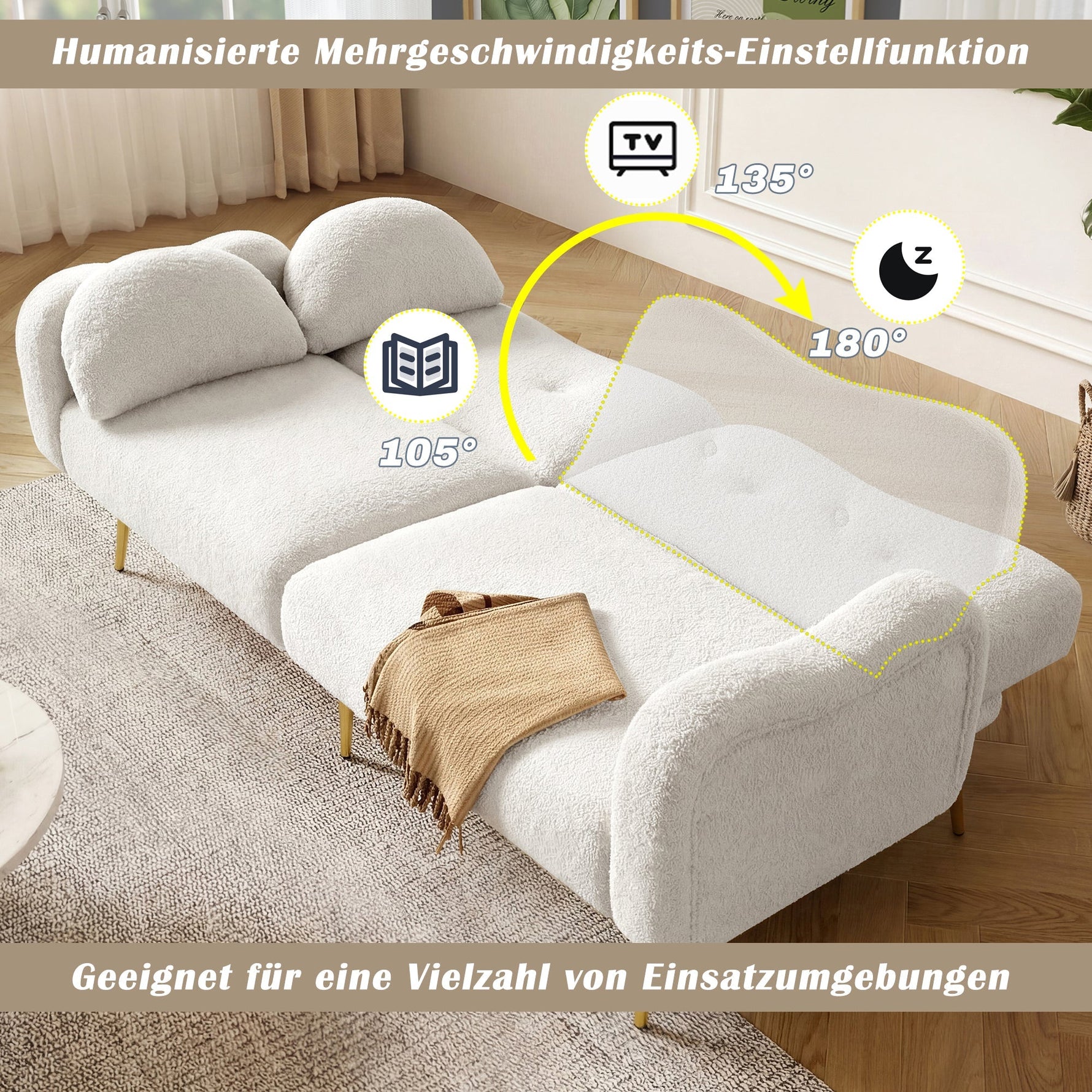 Two-Seater Sofa Bed Adjustable Backrest Gold Metal Feet