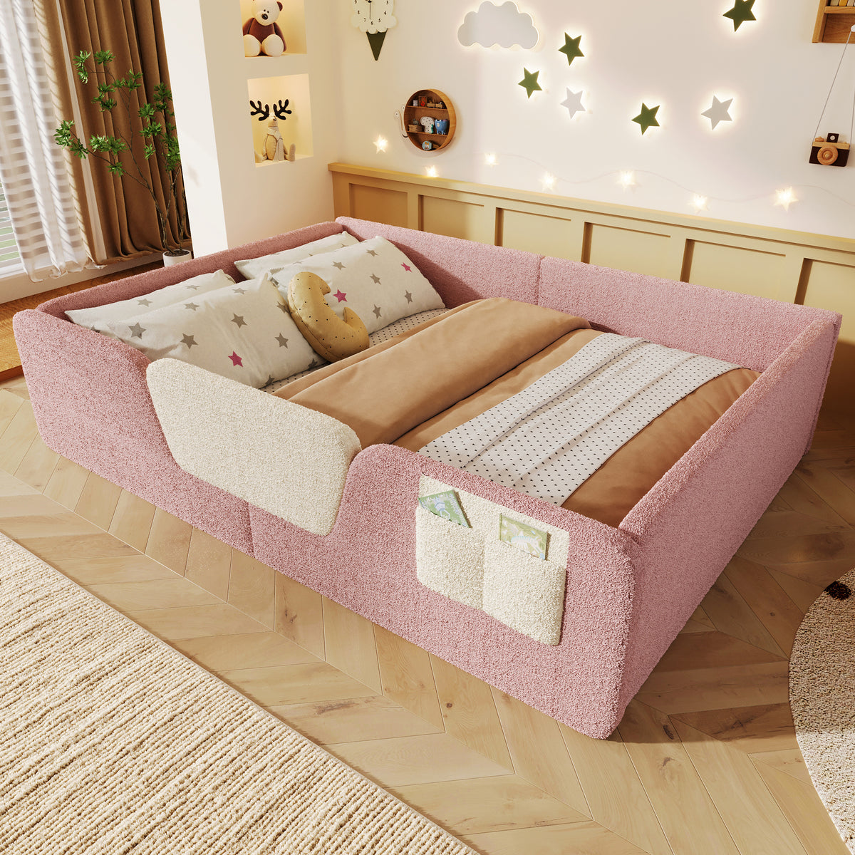 Upholstered Bed 140x190cm with Safety Rails, Pink Velvet