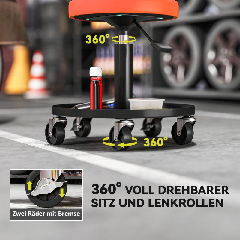 Workshop Stool, Adjustable Height Rolling, Orange