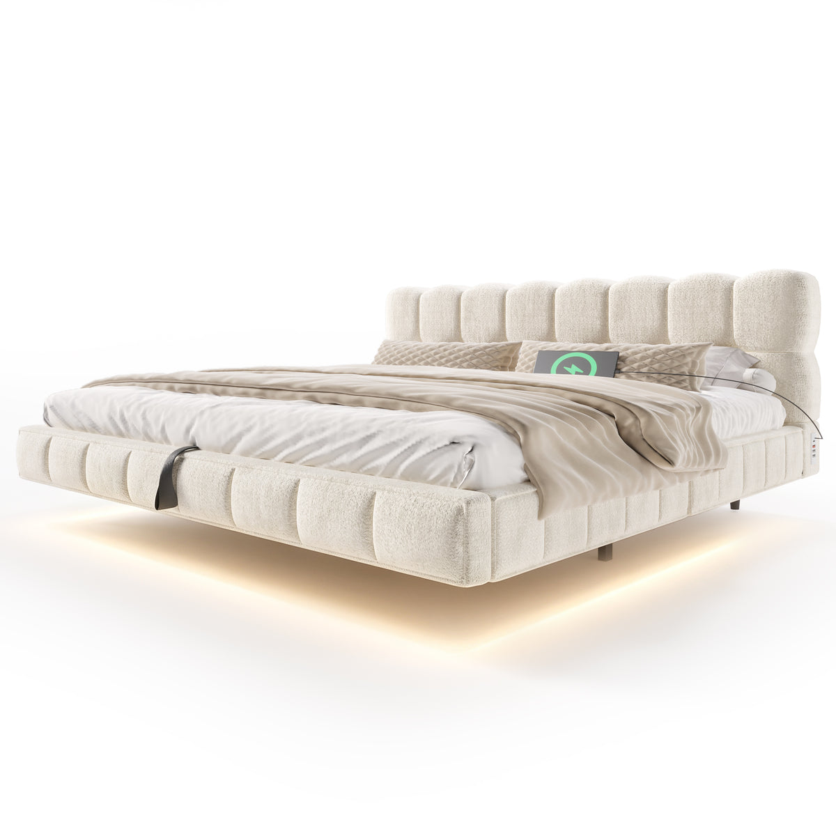 Upholstered Double Bed 180x200cm Storage LED, Beige Chenille