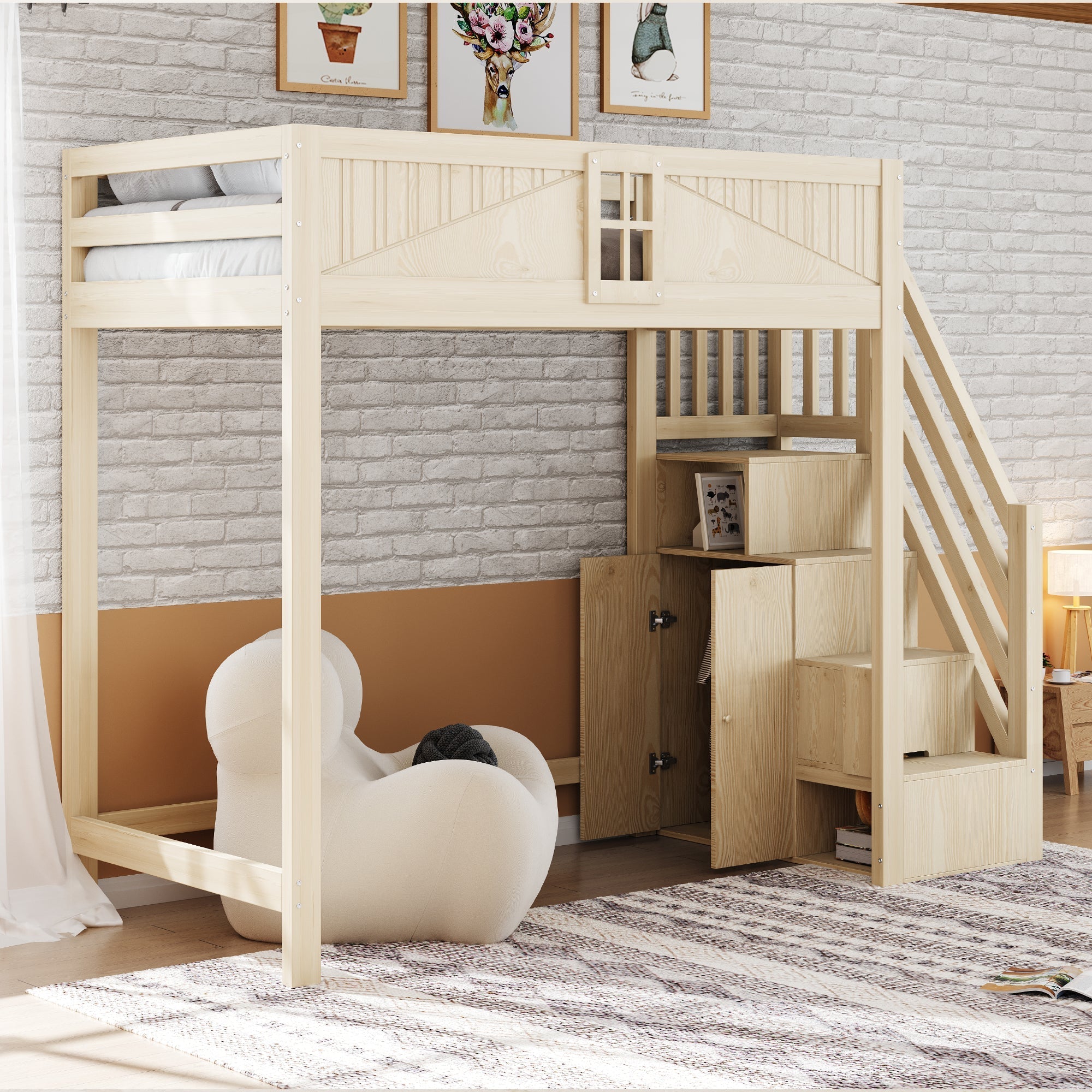 Solid Wood Loft Bed 90 x 200 cm with Safety Door and Storage Ladder, Wood Color
