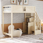 Solid Wood Loft Bed 90 x 200 cm with Safety Door and Storage Ladder, Wood Color