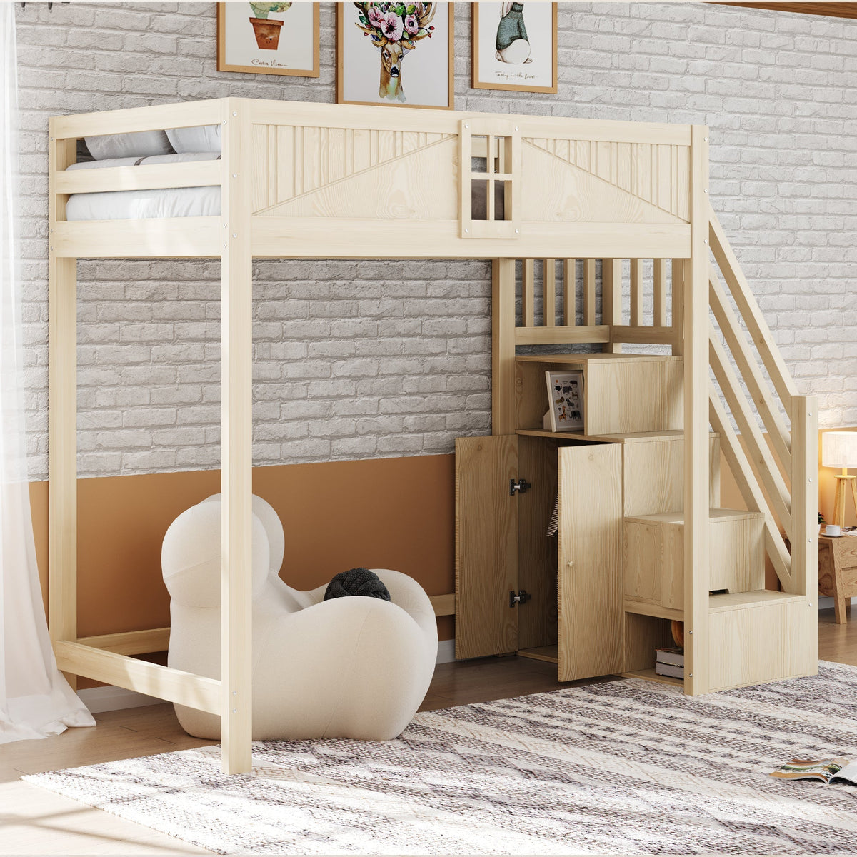 Solid Wood Loft Bed 90 x 200 cm with Safety Door and Storage Ladder, Wood Color