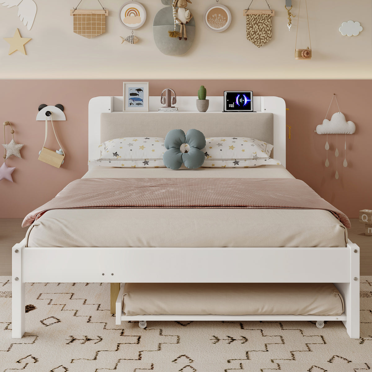 Functional Bed 120x200cm with Pull-Out Bed & Storage, White Wood