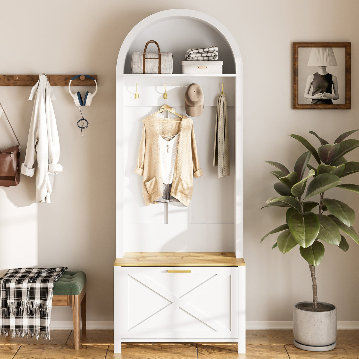 Multifunctional Wardrobe Hall Tree with Shoe Rack, Shelf & Hooks, MDF