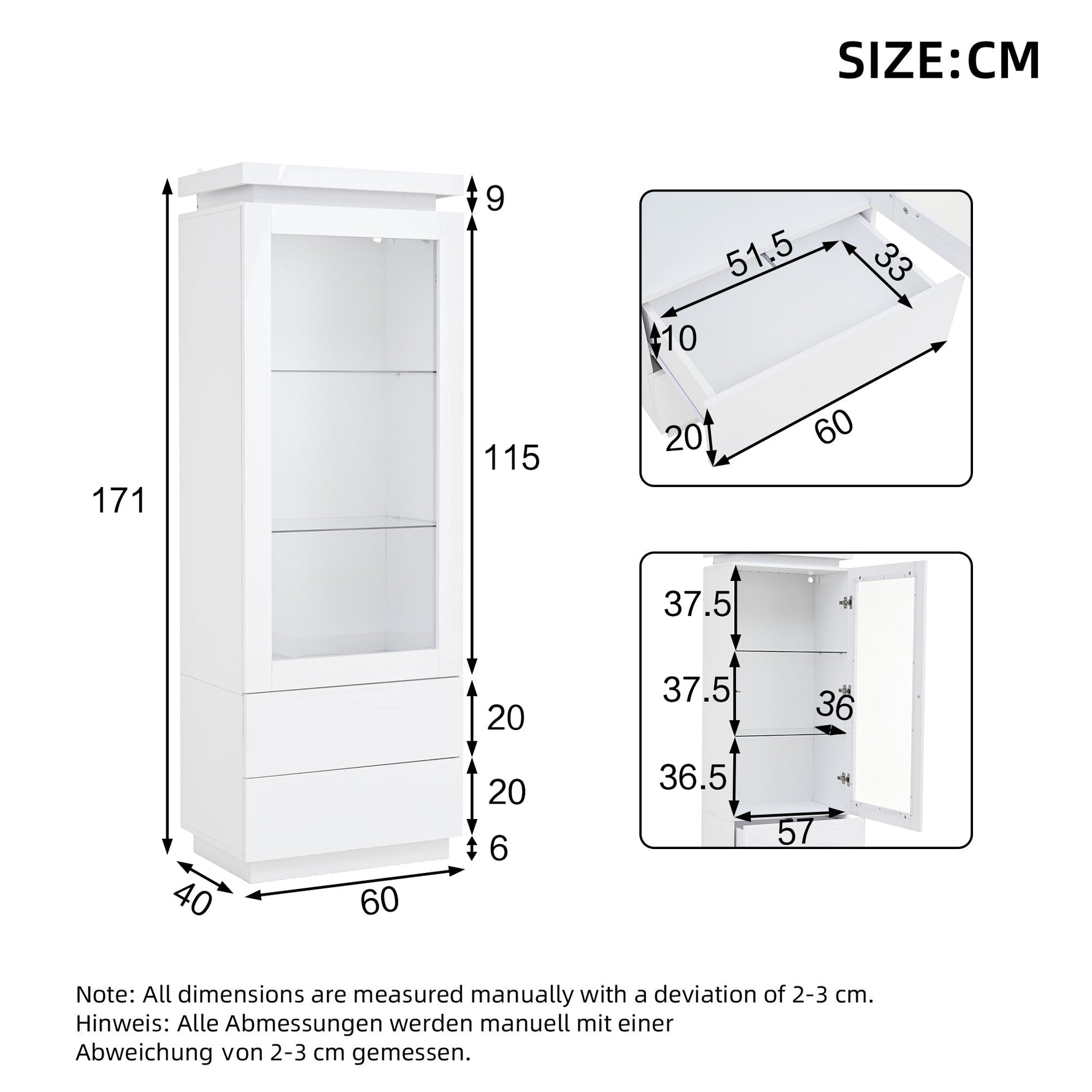 Display Cabinet 60x40x171cm Tall Glass LED 2 Drawers, High-Gloss White