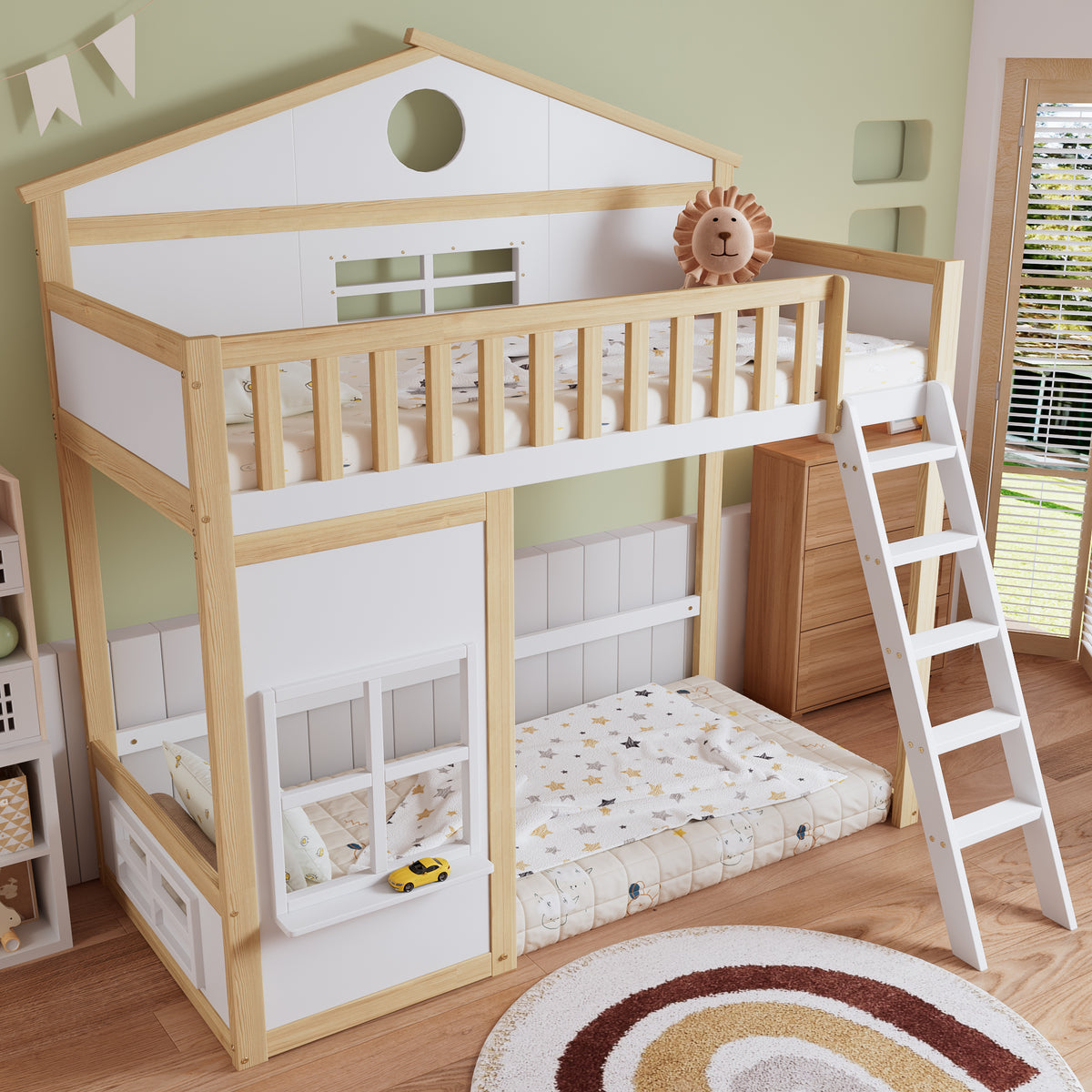 Bunk House Bed with Stairs & Roof 90x200cm, White & Natural