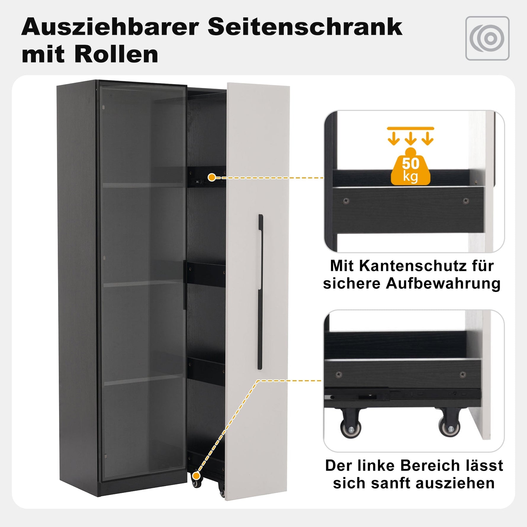 Multifunctional Cabinet with Glass Door, LED Lighting and Side Drawer, Black MDF