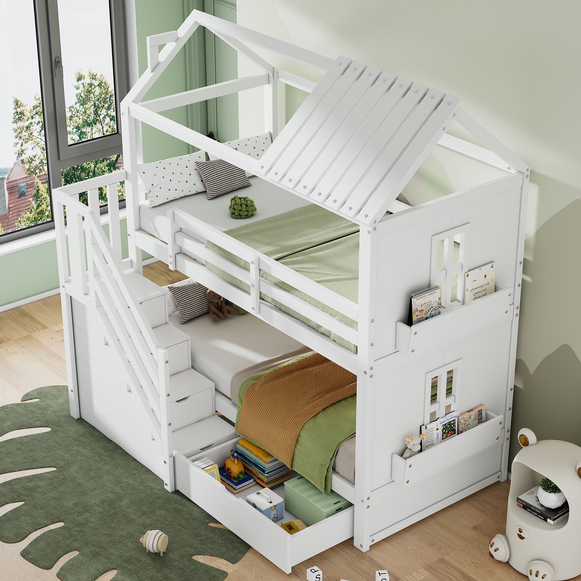 Children's Bunk Bed 90x200cm Multifunctional with Storage Stairs Drawers & Shelves Pine MDF White