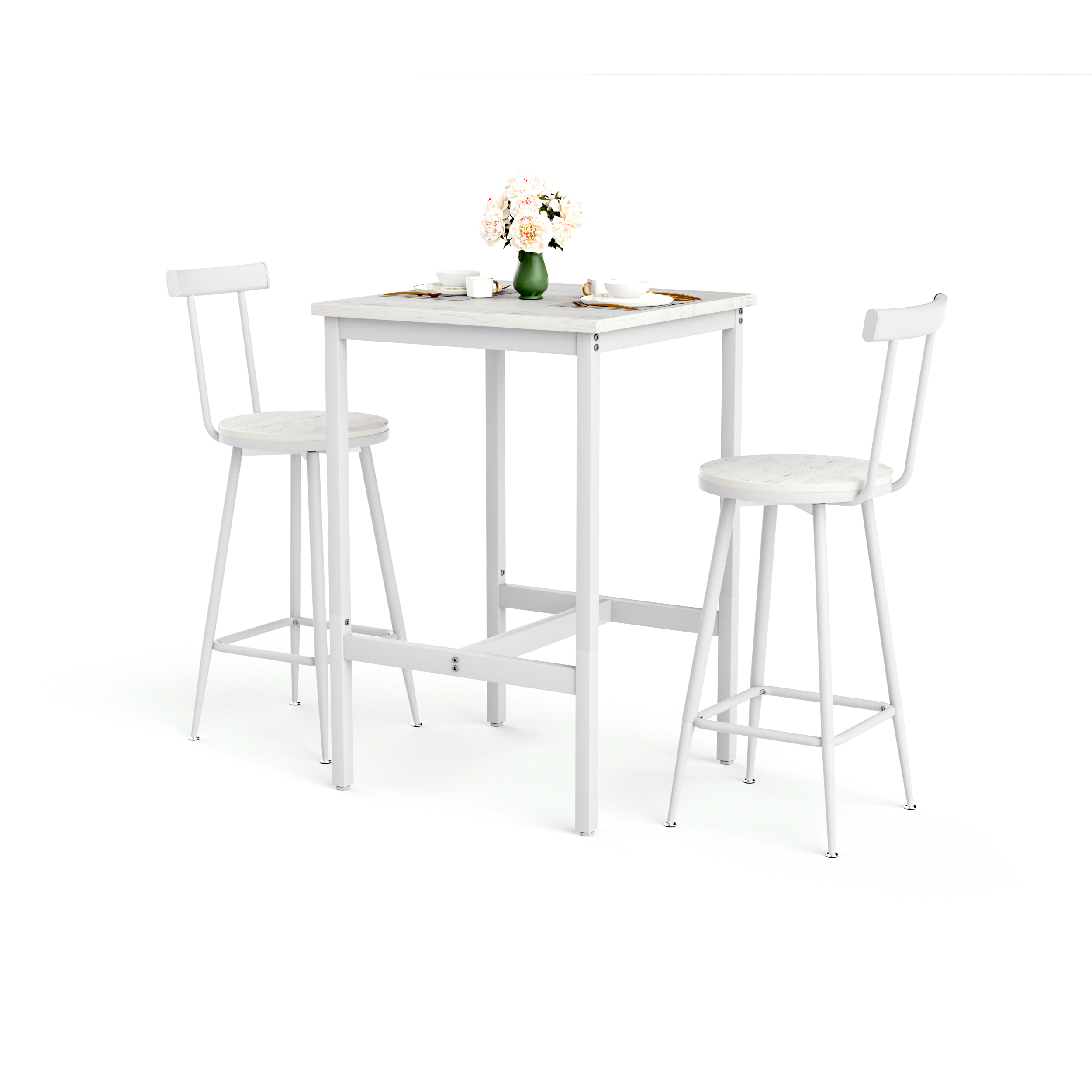 Bar Table and 2 Stools Set Industrial Style Metal Frame - White