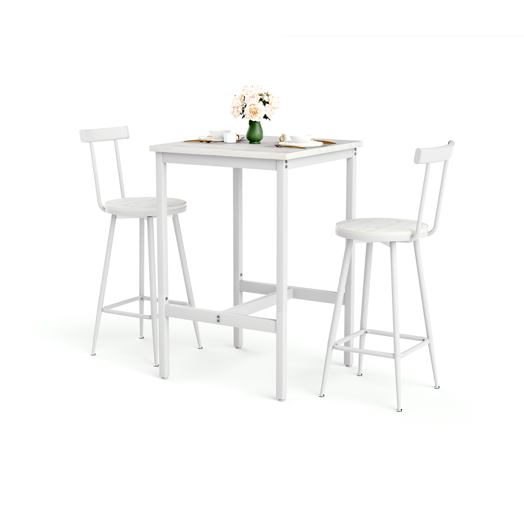 Bar Table and 2 Stools Set Industrial Style Metal Frame - White