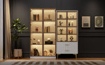 Modern Living Room Set: Two Glass Display Cabinets with LED Lighting, Adjustable Shelves, White Platinum Finish