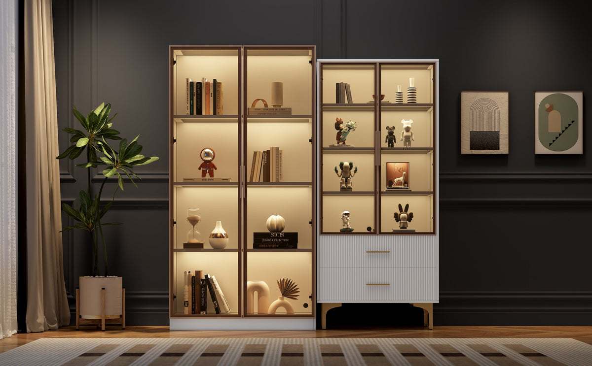 Modern Living Room Set: Two Glass Display Cabinets with LED Lighting, Adjustable Shelves, White Platinum Finish