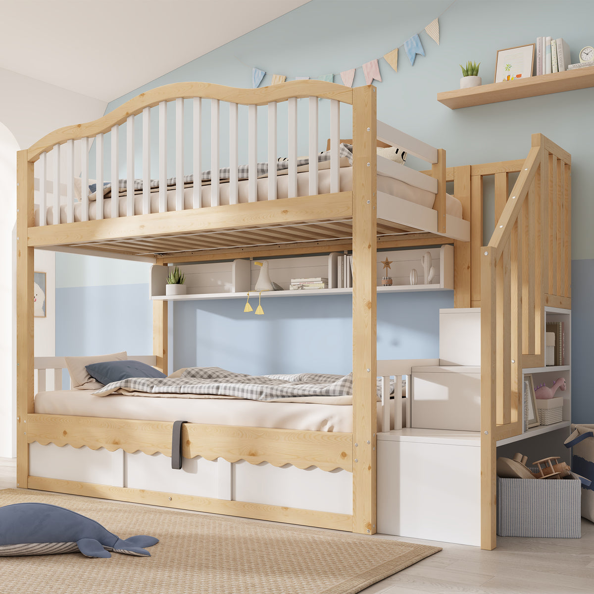 Children's Bunk Bed 90x200 with Storage & Stairs, White & Oak