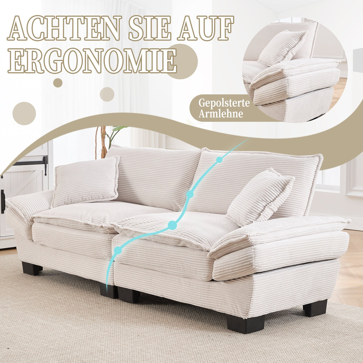 Double Sofa, Modern Simple Feather Bed Cozy Spacious, Beige