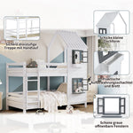 Bunk Bed, House Bed with Handrail & Window, Pine Frame, White