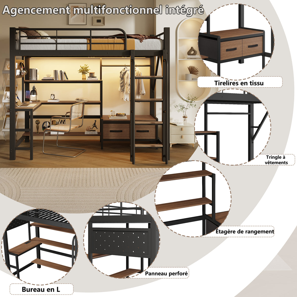 Loft Bed 90x200 with Desk, Shelves & LED Light, Black Iron Frame