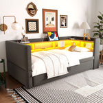 Upholstered Sofa Bed Extendable 90/180*190cm, LED Lights, Storage, Dark Grey