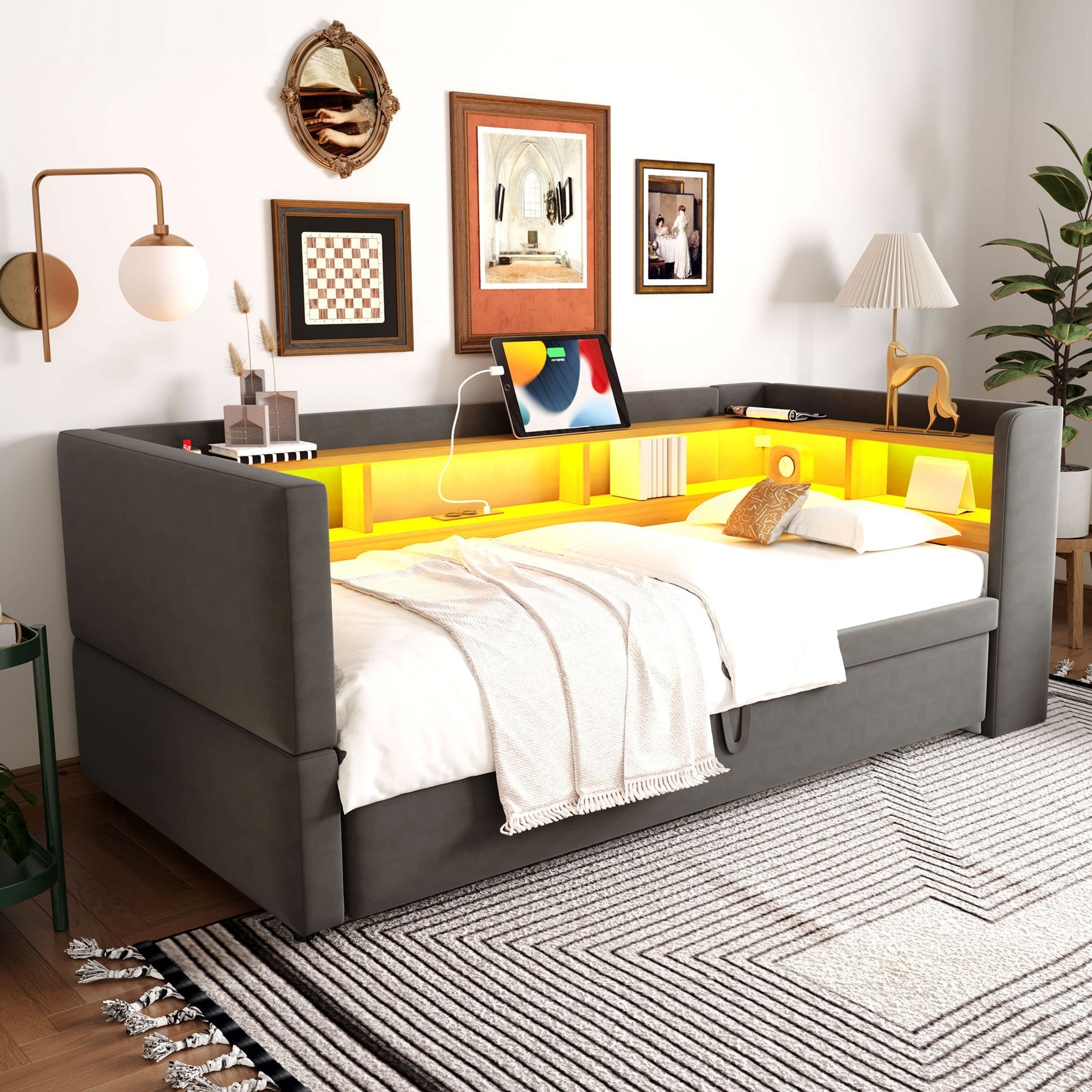Upholstered Sofa Bed Extendable 90/180*190cm, LED Lights, Storage, Dark Grey