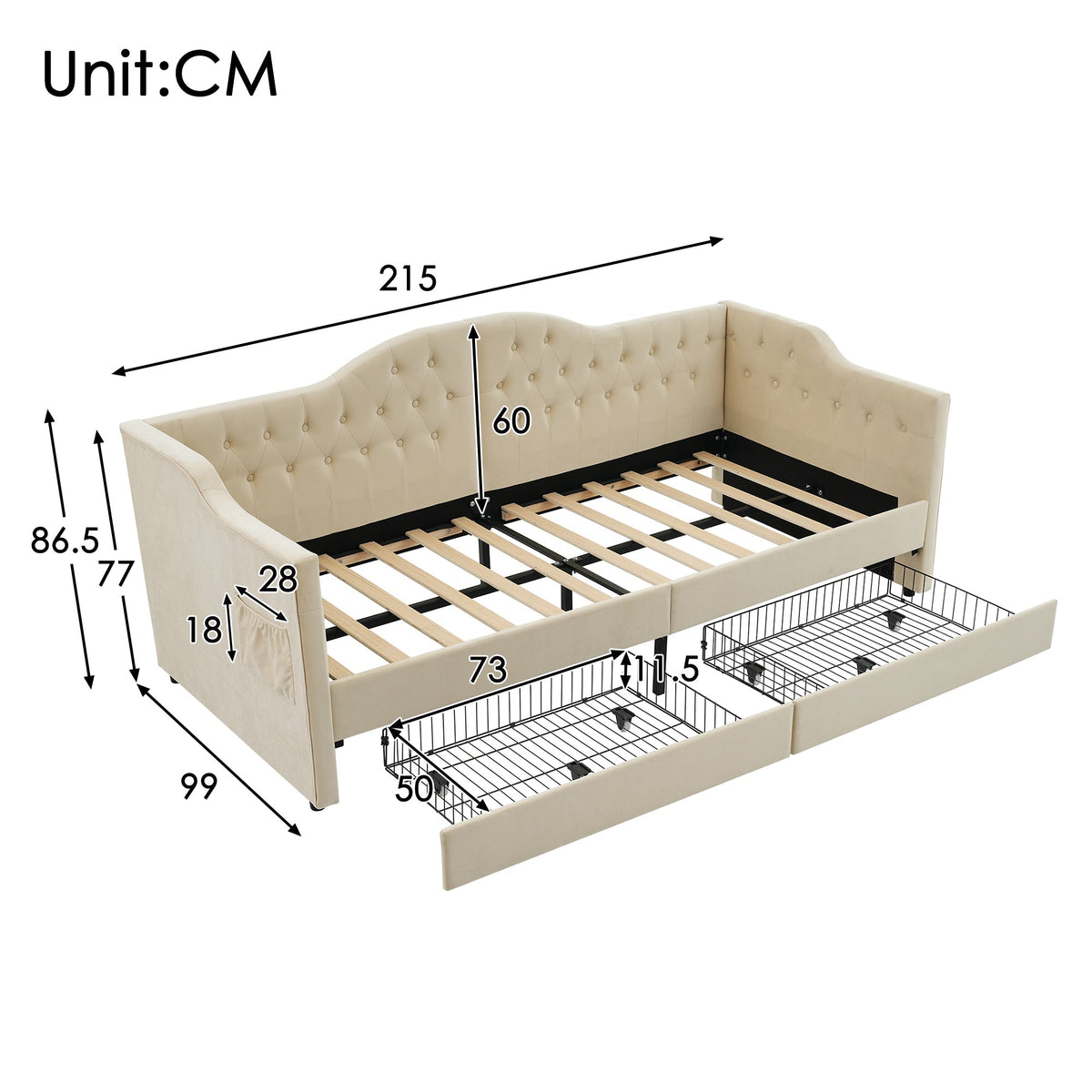 Upholstered Bed, Daybed Sofa Bed with USB C & 2 Drawers, 90x200cm Beige Velvet